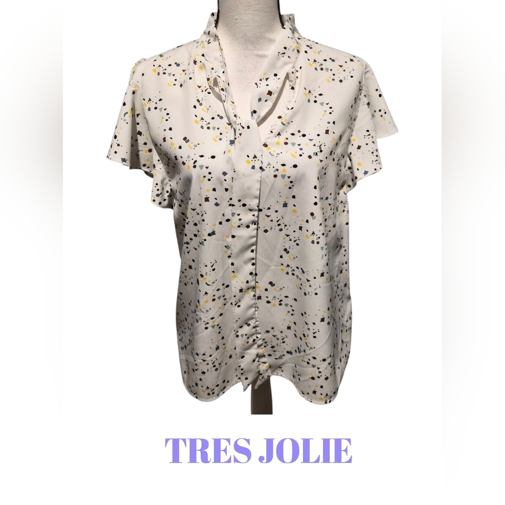Tres Jolie Accessories White Speckled V-Neck Flutter Sleeve Blouse Womens Medium